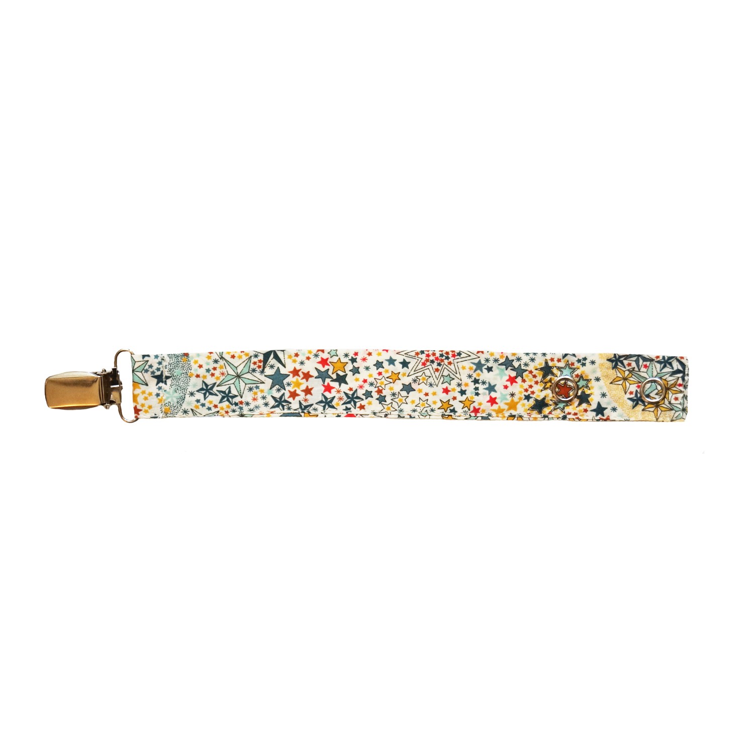 Attache tétine en tissu Liberty Etoiles Multicolores